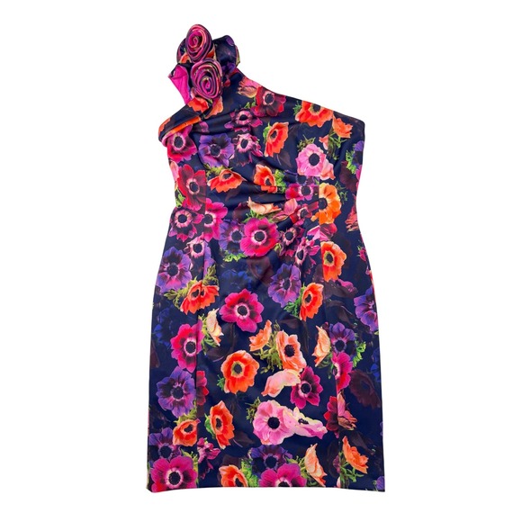 Alex Marie Dresses & Skirts - Alex Marie Navy One-Shoulder Floral Dress with Pink & Orange Blooms